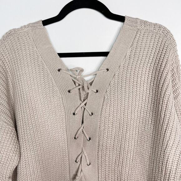 New Umgee Medium M Light Mauve Purple Lace Up Back V Neck Sweater Tunic Cotton - Picture 4 of 8